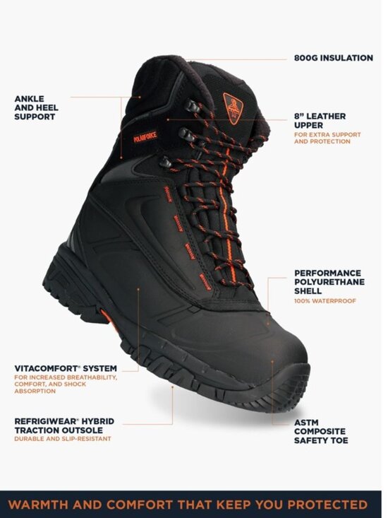 RefrigiWear PolarForce Max 800G Insulated Waterproof Safety Boots Mens 10 NWT